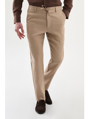MCR Düz Slim Fit İpli Beli Lastikli %100 Keten Erkek Pantolon