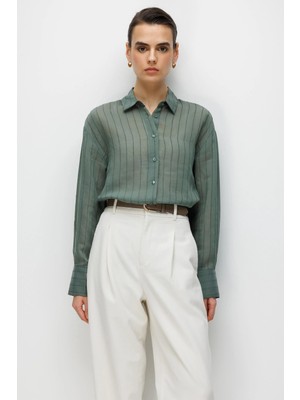 Mixray 4644 Kadın Kabartma Çizgili Transparan Basic Gömlek Haki