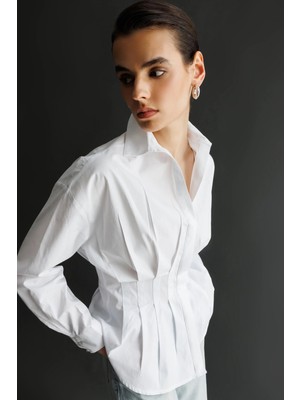 Mixray 4822 Kadın Pileli Belden Oturtmalı Poplin Gömlek Beyaz