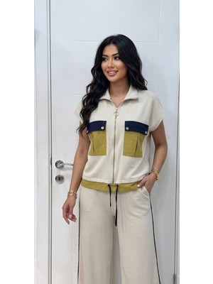 Qimya Butik Buketli Kadın Cep ve Etek Ucu Renkli Paraşüt Kumaş Kolsuz Sweat ve Bol Pantolonlu Alt Üst Ikili Takım