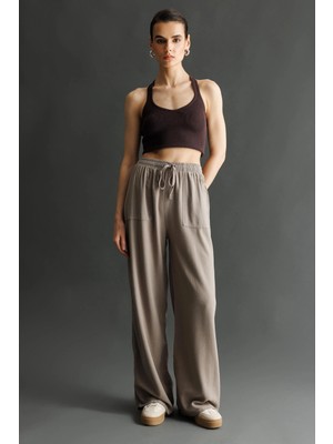 Mixray 4629 Kadın Bol Paça Yüksek Bel Viskon Palazzo Pantolon Antik Vizon