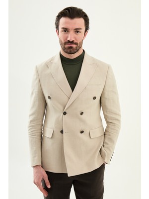 MCR Düz Slim Fit Geniş Yaka Kruvaze Torba Cep %100 Keten Erkek Ceket