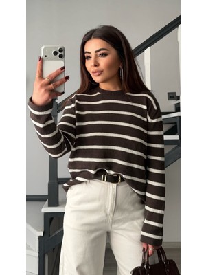 Elisin Kahve-Ekru Çizgili Merserize Bluz