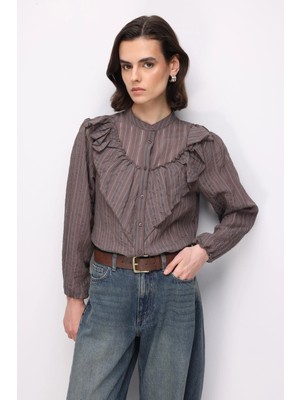 Mixray 4828 Kadın Çizgili Fırfır Detaylı Hakim Yaka Gömlek Kahve