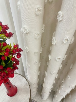 Brillant Ekru Renk Ponponlu Pufy Fon Perde 1/3 Sık Pile