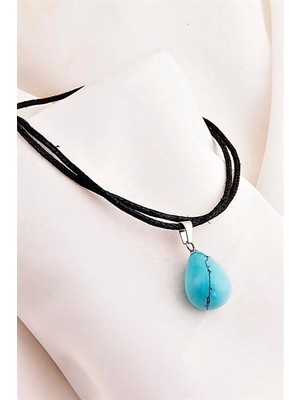 twingold Doğal Taşlı Damla Tasarımlı Deri Ipli Unisex Kolye