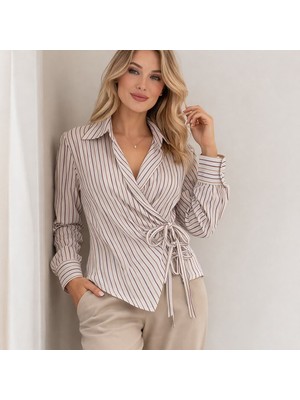 Moda Kadın Gri Kahve Krem Çizgili Yandan Bağlamalı Vyaka Gömlek