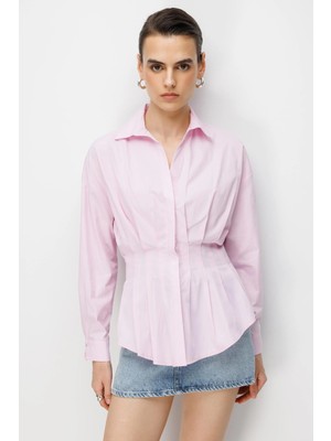 Mixray 4822 Kadın Pileli Belden Oturtmalı Poplin Gömlek Pembe