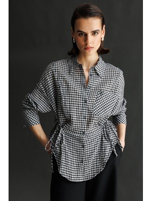 Mixray 4838 Kadın Yandan Bağlamalı Pötikare Gömlek Siyah