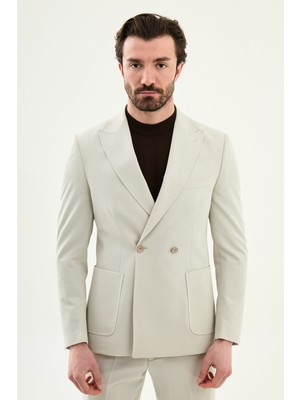 MCR Düz Slim Fit Geniş Yaka Kruvaze Pantolon Beli Lastikli Erkek Takım Elbise