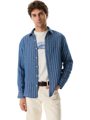 MUDO Çizgili Regular Fıt Keten Karışımlı Gömlek