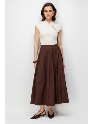Mixray 4841 Kadın Pileli Lastikli Paraşüt Midi Etek Kahve
