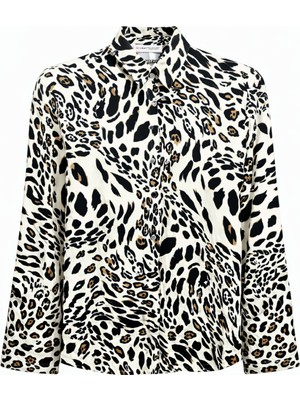 Mixray 4477 Kadın Leopar Desen Saten Gömlek Siyah