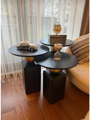 Eks Oblix Siyah-Gold Kombini Üçlü Takım Mobilya Lake Yan Sehpa, 50-55-60 cm Zigon