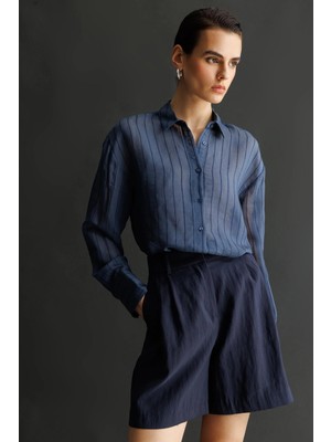 Mixray 4644 Kadın Kabartma Çizgili Transparan Basic Gömlek Lacivert