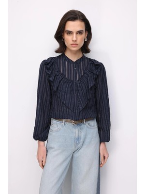 Mixray 4828 Kadın Çizgili Fırfır Detaylı Hakim Yaka Gömlek Lacivert