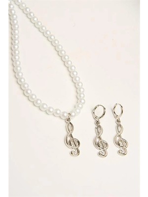 twingold Sol Anahtarı Tasarımlı Inci Boncuklu Kolye Küpe Takı Seti