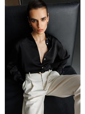 Mixray 4815 Kadın Saten Kraş Gömlek Siyah