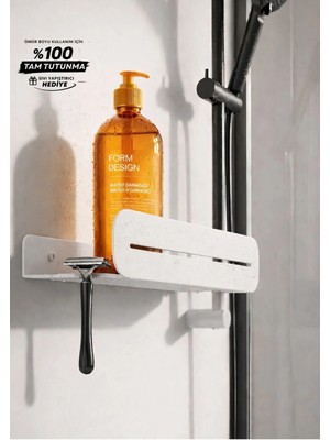 Form Design Paslanmaz Duş Rafı Metal – Yapışkanlı Banyo Rafı Şampuanlık Organizer – Kancalı – Mat Siyah / Beyaz