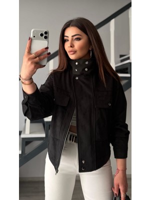 Elisin Siyah Astarsız Süet Bomber Ceket