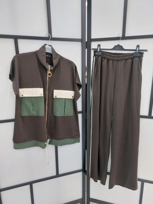 Qimya Butik Buketli Kadın Cep ve Etek Ucu Renkli Paraşüt Kumaş Kolsuz Sweat ve Bol Pantolonlu Alt Üst Ikili Takım