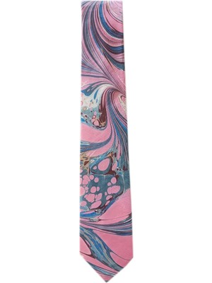 ElifEbru Exclusive Handicrafts Ebru Sanatı El Yapımı Pembe Kahve Mavi Ipek Kravat Ikr 152