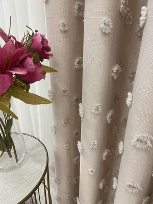 Brillant Bej Renk Ponponlu Pufy Fon Perde 1/3 Sık Pile