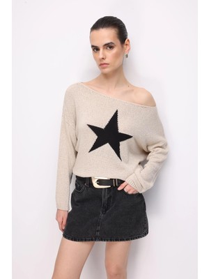 Mixray 7030 Kadın Kayık Yaka Mevsimlik Yıldızlı Tiriko Kazak Taş