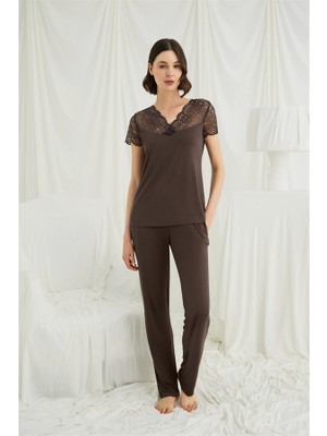 Aria's Closet Kısa Kollu ve Dantelli V Yaka Pijama Takımı