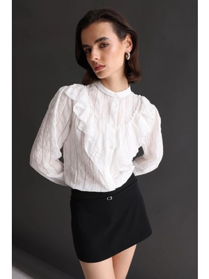 Mixray 4828 Kadın Çizgili Fırfır Detaylı Hakim Yaka Gömlek Ekru