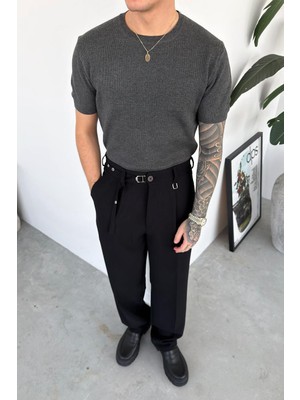 HAFKA Antrasit Basic Bisiklet Yaka Triko Relaxed Tişört