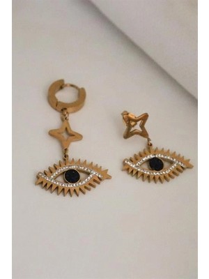 twingold Göz Tasarımlı Zirkon Taşlı Gold ve Gümüş Kaplamalı Çelik Sallantılı ve Vidalı Küpe