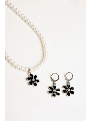 twingold Çiçek Tasarımlı Inci Boncuklu Kolye Küpe Takı Seti