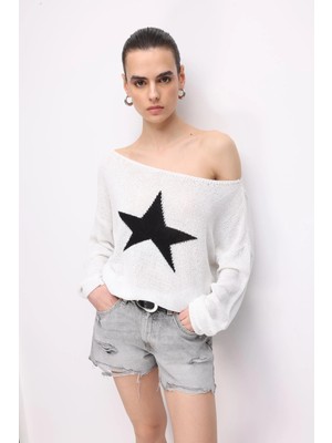 Mixray 7030 Kadın Kayık Yaka Mevsimlik Yıldızlı Tiriko Kazak Kemik