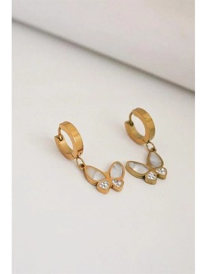twingold Kelebek Tasarımlı Sedef Taşlı Gold ve Gümüş Kaplamalı Çelik Sallantılı Küpe