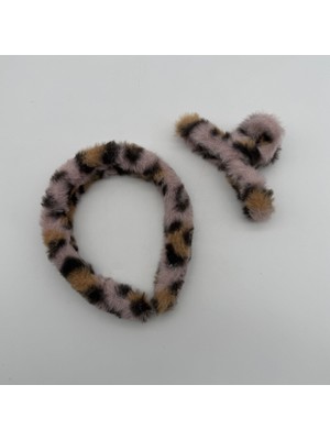 Mare Accessories Peluş Leopar Desenli Taç ve Mandal Toka Seti