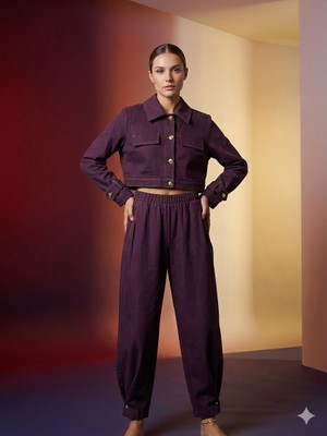 Zg Fashion Mürdüm Crop Ceket ve Yüksek Bel Geniş Paça Pantolon Takım