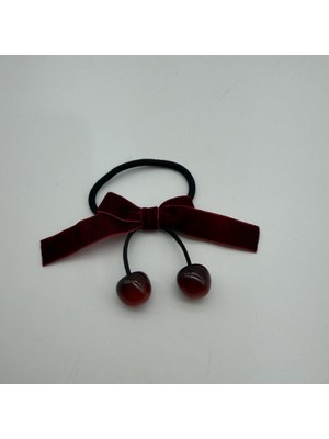 Mare Accessories Kiraz Detaylı Bordo Kadife Fiyonk Saç Lastiği