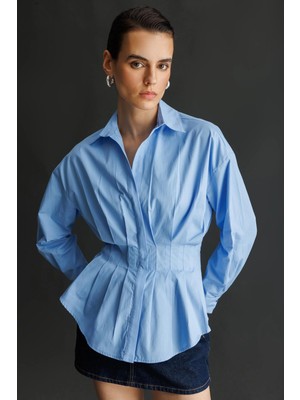 Mixray 4822 Kadın Pileli Belden Oturtmalı Poplin Gömlek Bebe Mavi