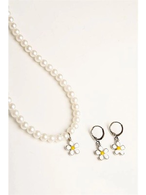 twingold Papatya Tasarımlı Inci Boncuklu Kolye Küpe Takı Seti