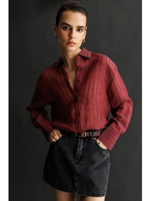 Mixray 4644 Kadın Kabartma Çizgili Transparan Basic Gömlek Bordo