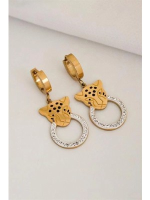 twingold Kaplan Tasarımlı Zirkon Taşlı Gold ve Gümüş Kaplamalı Çelik Sallantılı Küpe