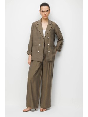 Mixray 4833 Kadın Blazer Ceket Palazzo Pantolon Ikili Takım Haki