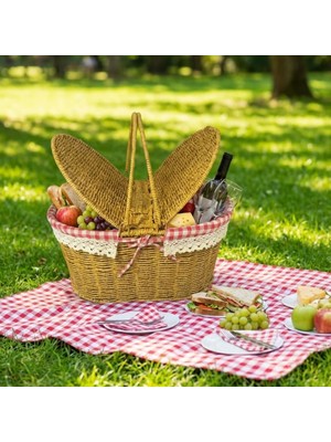 2 Kapaklı Oval Plastik Rattan Piknik Sepeti – Doğal Hasır Görünümlü Çok Amaçlı Piknik, Plaj ve Bahçe Sepeti
