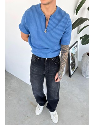 HAFKA Mavi Yarım Fermuarlı Premium Triko Tişört