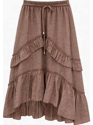 Mixray 4848 Kadın Volanlı Midi Etek Kahve