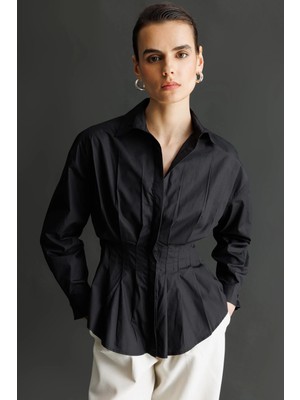 Mixray 4822 Kadın Pileli Belden Oturtmalı Poplin Gömlek Siyah