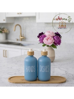 Aşkana Ikili Cam Sabunluk ve Deterjanlık Seti(2 x 500 Ml),bambu Standlı,mutfak&banyo,şampuan,detejan,sabun,losyon, Mavi