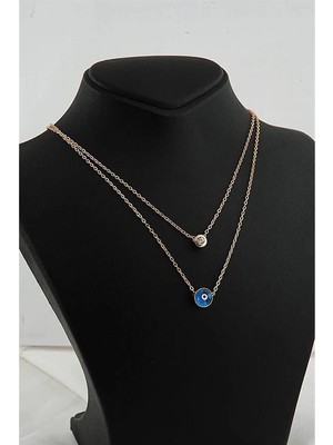 twingold Nazarlık Tasarımlı Nazar Figürlü Zirkon Taşlı Gold Renkli 2li Kolye