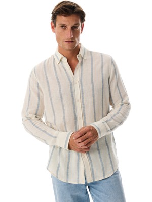 MUDO Regular Fıt Keten Karışımlı Çizgili Uzun Kollu Gömlek